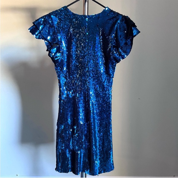 ZARA Sequin Blue Mini Cocktail Dress Sz SMALL Ruffle Sleeves V Neck Fully Lined - Picture 12 of 13